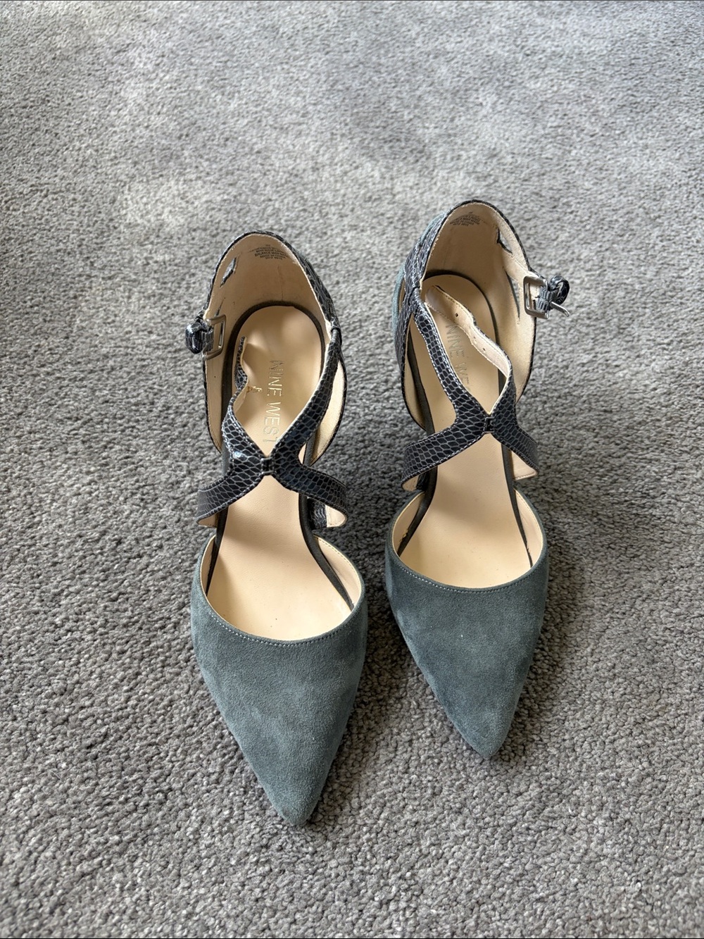 Nine West Pointed-Toe Suede Heels with Snakeskin Crisscross Straps - Gray - Picture 2 of 10